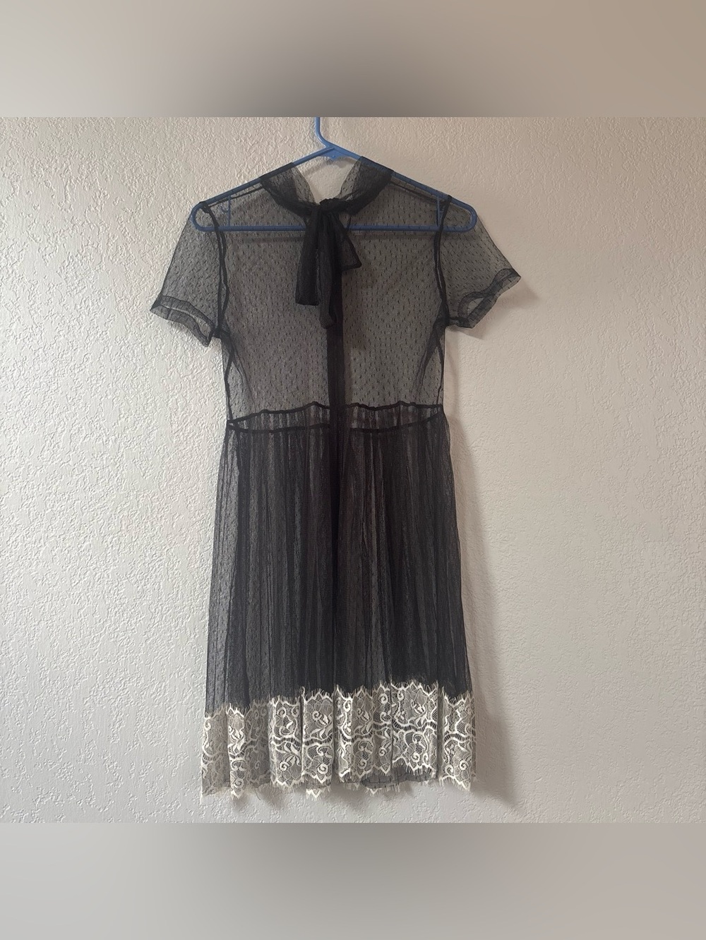 Black Sheer Lace-Trim Midi Dress with Tie Neck